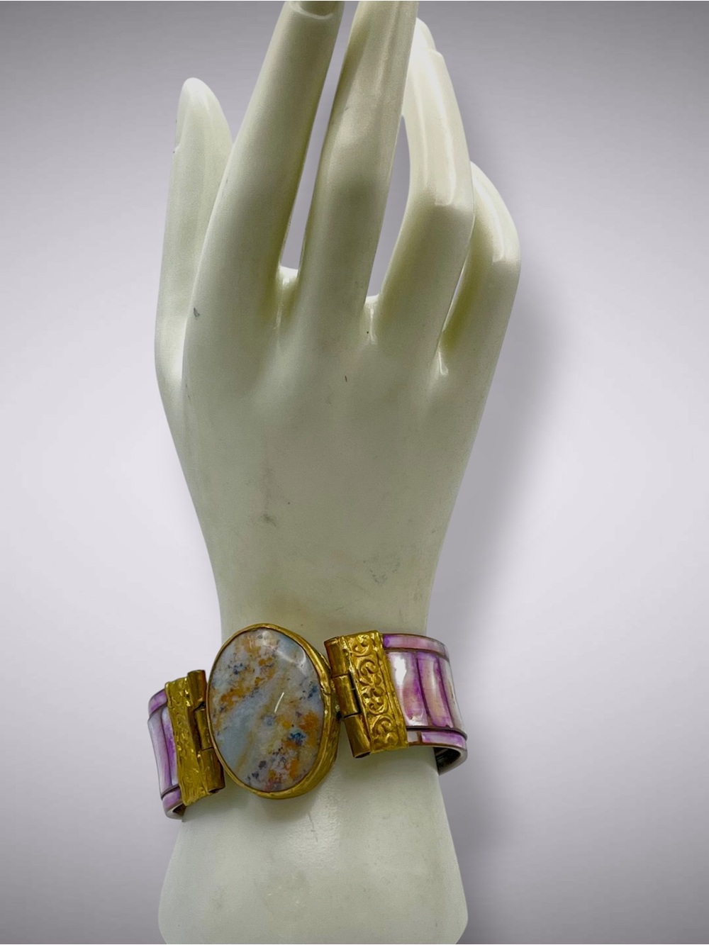 Vintage Brass Mother of Pearl Dendritic Agate Hinged Bangle Bracelet Boho Vibe